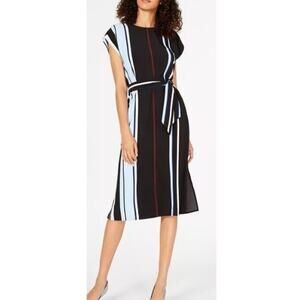 Alfani Women Rumor Stripe Blue Black Tie Waist Dress Size 6